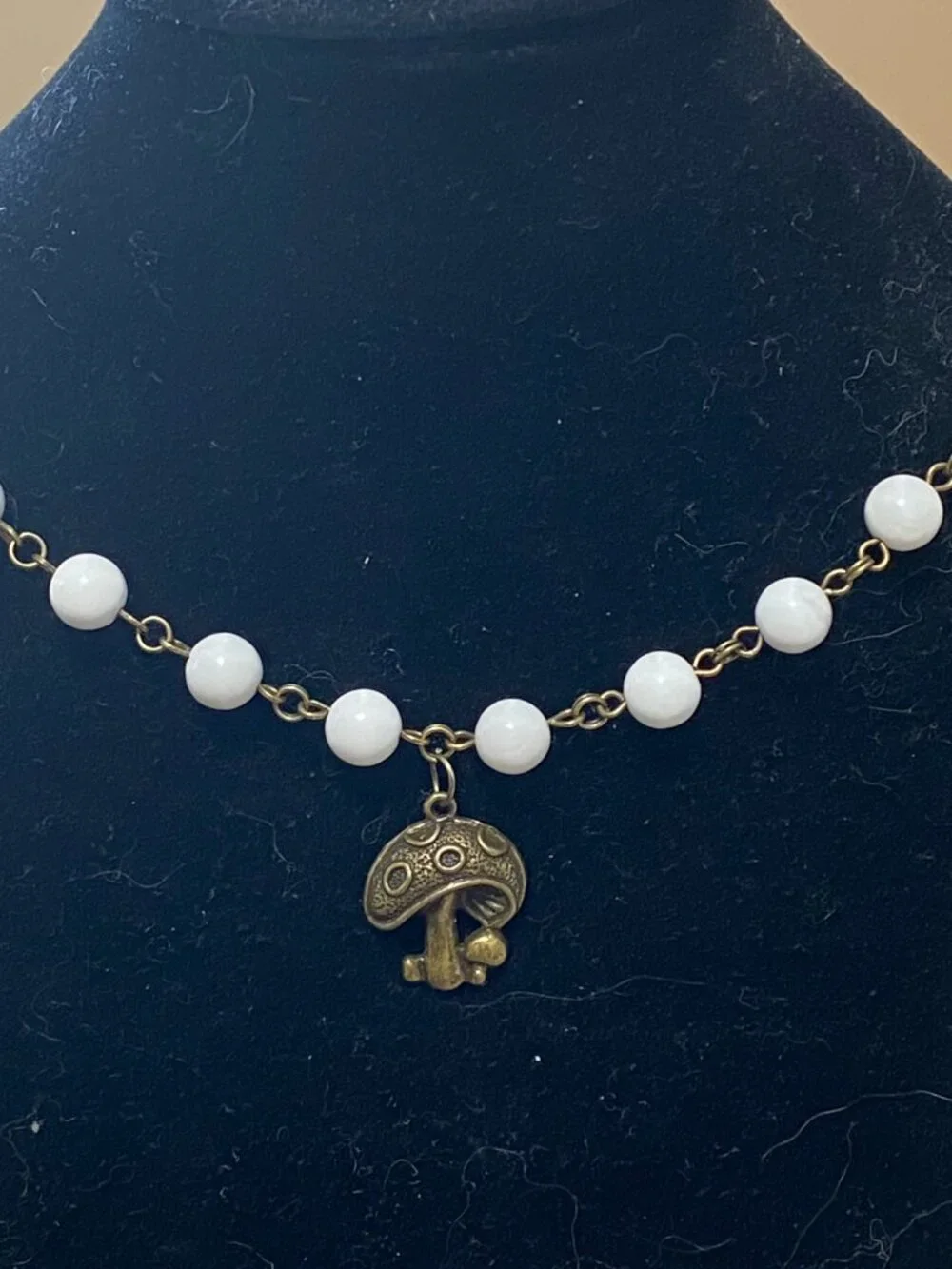 Genuine White Magnesite Short Necklace, Natural Gemstone & Bronze Round Mushroom - Picture 3 of 14